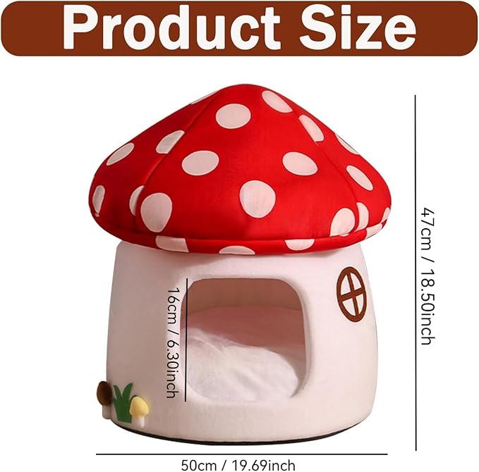 Mushroom Cow Cat Bed House for Indoor Cats & Small Dogs - Soft Cave-Style Pet Nest with Removable Washable Cushion, Plush Semi-Enclosed Cat Cave Tent, Red & White, Cozy Non-Slip Calming Bed