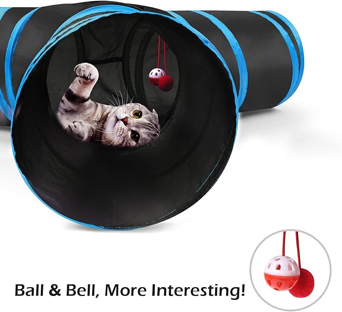 Pawaboo Cat Tunnel Tube - 3-Way Tunnels 25x53cm Extensible Collapsible Play Tent Interactive Toy Maze House Bed With Balls and Bells for Kitten Kitty Rabbit Small Animal, Blue