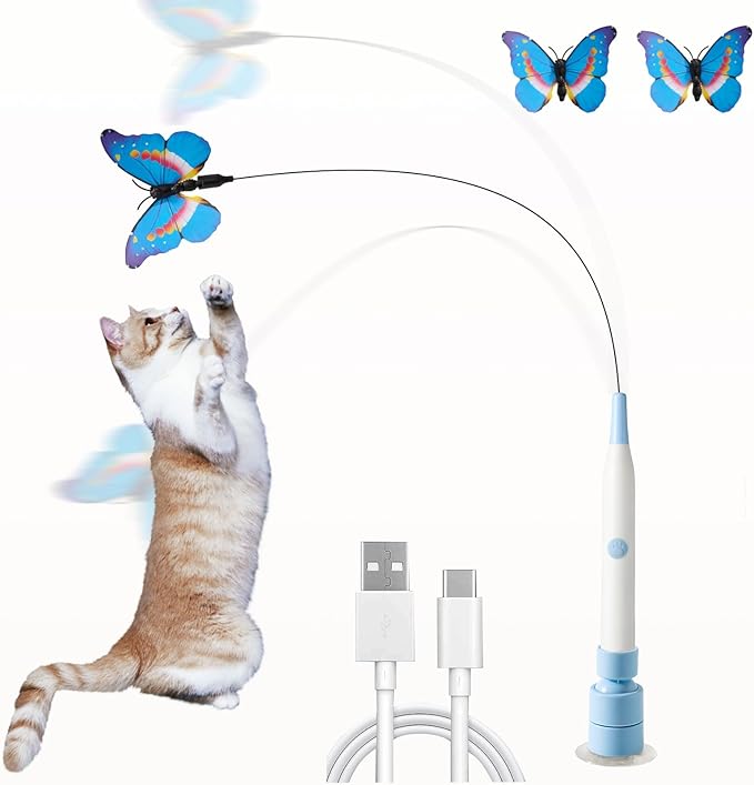 Electric Butterfly Cat Wand for Indoor Cats, 360 Spinning Self-Play with 2 Modes & Tap-to-Awake, Rechargeable Cleanable Suction Base, 3 Butterfly Refills, Interactive Cat Toy