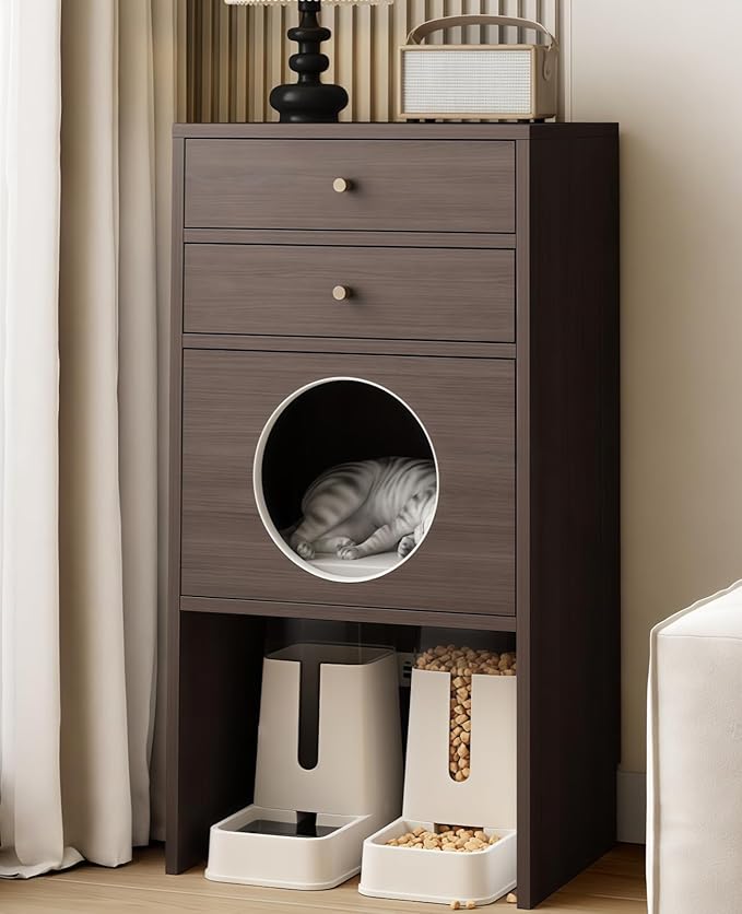 Multi-Function Cat House Furniture, Solid Wood Cat Condo with Storage Drawer, Pet Bed & Feeding Area, Compact Cat Cabinet (Oak,19.6" L*15.7" W*41.3" H)