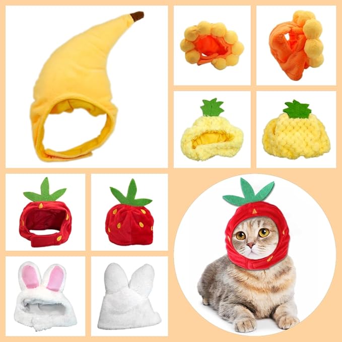 5 Pieces Cat Hat Adorable Cat Costume Outfit Bunny Hat with Ears Funny Mane Hat for Cats and Small Dogs Party Costume Accessory Headwear (Pineapple-Sunflower-Banana-Strawberry-Rabbit)-Not for Children