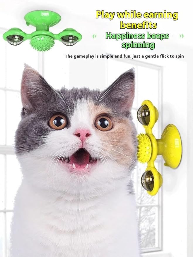 Interactive Windmill Cat Toy with LED Light Ball & Suction Cup – Rotating Catnip Toy for Indoor Cats, Mental Stimulation & Exercise-Blue