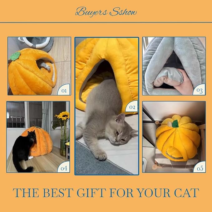 Cute Pumpkin Cat Bed for Indoor Cats，Pumpkin Shape Cat House with Removable Washable Cushioned Pillow，Cat Cave Bed Cat Tent for Puppy and Kitten (Blue,15 in)