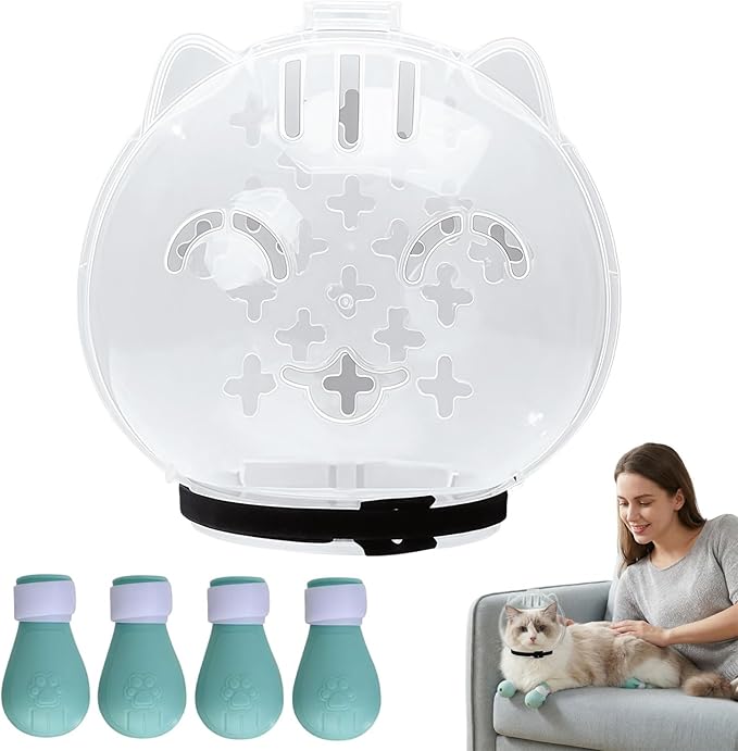 Transparent Cat Helmet with 4 Silicone Paw Covers, Adjustable Breathable Cat Muzzle Restraint for Bathing, Nail Trimming & Grooming (L)