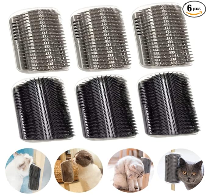6 Pack Cat Self Groomer with Catnip Pouch Wall Corner Groomers Cat Face Scratcher Pet Grooming Brush Massage Combs for Cats Fur Pets Dog Kitten Puppy(Black & Gray)