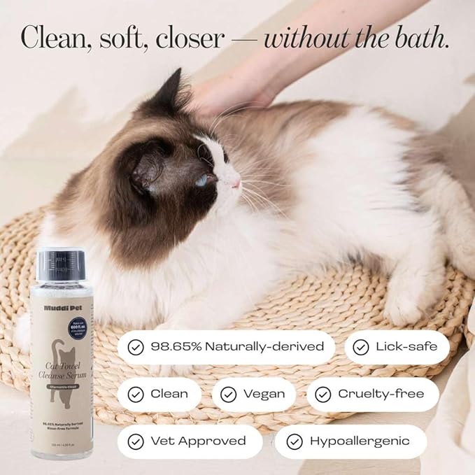 Concentrated Cat Waterless Shampoo & Conditioner with Bath Mitt - Rinse-Free, Sensitive Skin, Stress & Itch Relief Gentle Leave-in Serum – 98.65% Naturally Derived Dry Shampoo for Cats