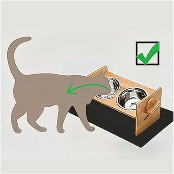 Elevated Cat Bowl Adjustable Bamboo Feeding Rack with 2 Stainless Steel Bowls