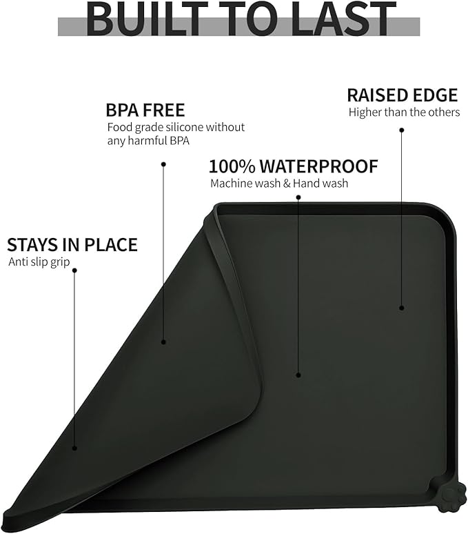 Reopet Waterproof Pet Feeding Mat, Non-Slip Silicone Placemats for Dog Cat Food and Water Bowl, High Raised Edges to Prevent Spills and Protect Floors