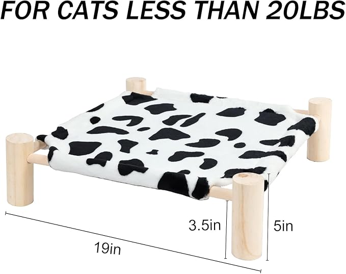 Patas Lague Cat and Dog Hammock Bed for Small Dogs, Brethable Wooden Cat Pet Rabbit Elevated Bed Cots Furniture for All Seasons Fleece Cow Print