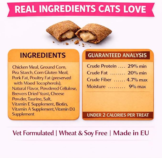 Calming Cat Treats for Indoor Cats – Crunchy Pillow Bites Gooey Center – Chicken Low Calorie Kitty Treats – Cat Snacks Food Topper Training Wheat Soy Free Healthy Dental – 6oz (Packaging May Vary)