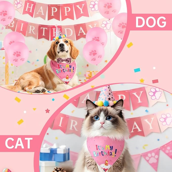 Cat Birthday Decorations Set - Cute Birthday Outfit with Hat, Bandana, Bow Tie, Balloons & Number Stickers for Kittens/Cats Party Photo Props & Festive Supplies