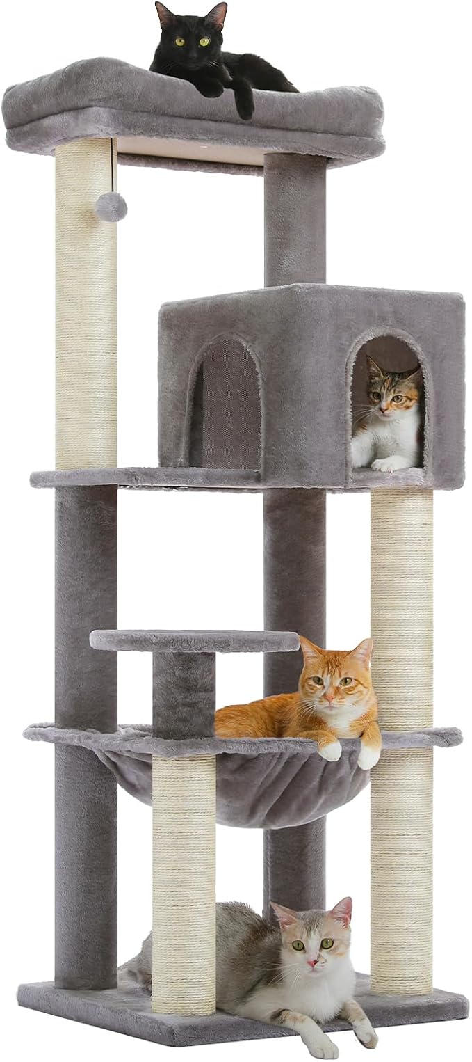 MUTTROS Large Cat Tree for Indoor Cats Large Adult, 57.8" Heavy Duty Cat Tower with Reinforced Scratching Posts (φ3.2in) and Plush Larger Hammock for Maine Coon & Big Cats, Supports 30lbs, Grey