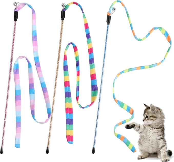 Hianjoo Cat Wand Toy 3 Pack, Interactive Cat Toys Rainbow Teaser Wand String Plush Toy for Indoor Cats, Colorful Funny Sticks with Bell for Kitten Cats Catcher Having Fun Exercise Playing