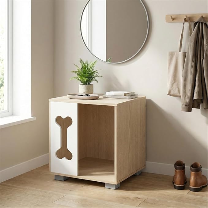 Wooden Cat Dog House Side Table, 2-in-1 Pet Bed Condo with Bone-Shaped Window and 2" Sturdy Metal Legs, Indoor Pet Crate Furniture, Decorative End Table Nightstand for Small Dogs Cats