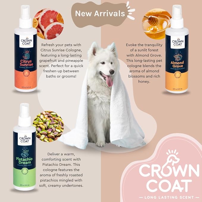 Crown Coat Almond Grove Long Lasting Pet Cologne, 8 oz - Professional Grooming Grade, Natural Perfume Deodorant, New Long Last Fragrance Formula for Dogs and Cats