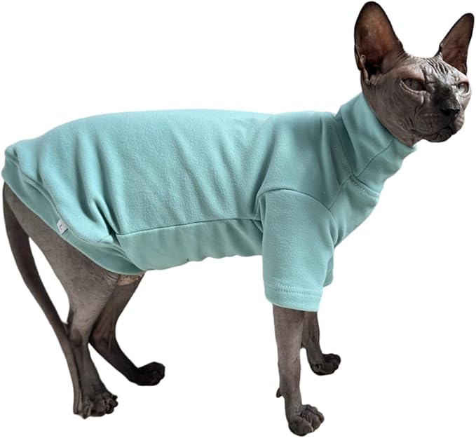 Sphynx Cats Solid Warm Fleece Shirt Cat Turtleneck Undershirt Thermal Hairless Cat Clothes for Sphynx, Devon, Cornish Cat Clothes and Small Kitten and Dogs (Haze Blue, Small)