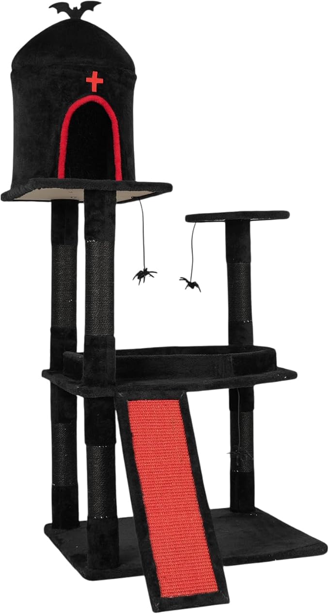 53" Gothic Cat Tree with Coffin Bed, Large Cat Tower with Spacious Cat Condo, Scratching Posts, Spider Hanging Toys, Scratching Board, Multi-Level Cat Activities Furniture for Large Cats, Red & Black