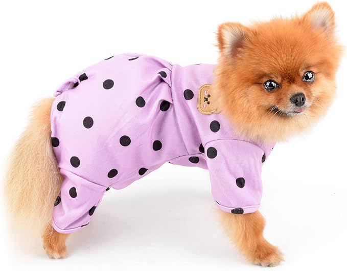 PAIDEFUL Polka Dot Dog Pajamas for Small Dogs, Lightweight Four-Leg Puppy One-Piece with Belly Coverage, Soft Pullover Sleepwear for Chihuahua Yorkie and Cats, Purple, M