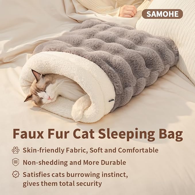 SOMAHE Cat Sleeping Bag for Indoor Cats, Faux Fur Pet Cave Bed & Burrow Nest, Reversible Plush Snuggle Sack, Portable Foldable Mat, Machine Washable, Anti-Static, 21.7"x17.7" Pink