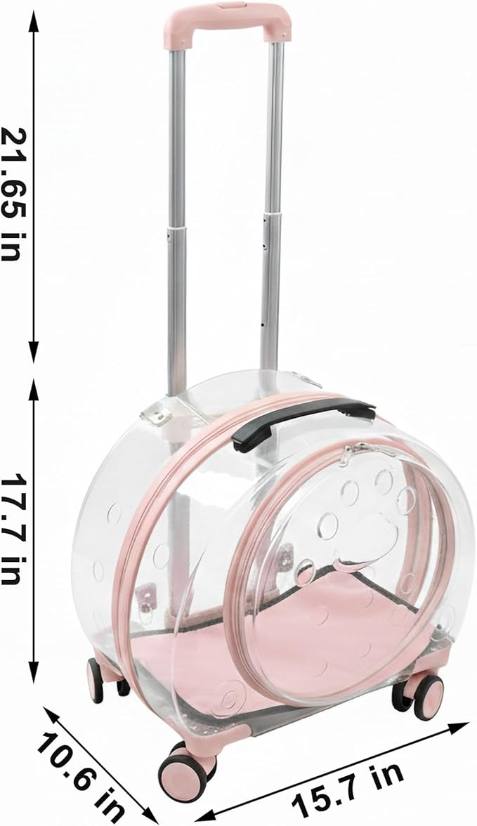 Hard Shell Cat Carrier with Wheels, Rolling Cat Travel Carrier with Telescoping Handle, Transparent Pet Carrier for Cats (Pink)