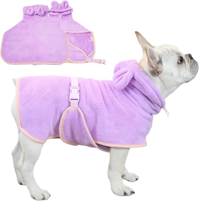Pet Bathrobe for Dog Cat Absorbently Quick Drying Coat Cute Dogs Bath Towel Hooded Robe Adjustable Collar & Belly Strap for Pool Beach (Purple, X-Small)