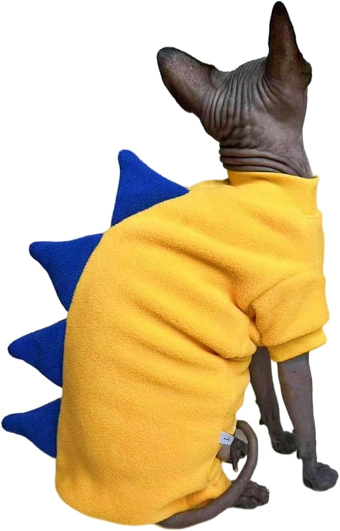 Four Leg Dinosaur Sphynx Cat Clothes Pjamas Hairless Cat Warm Polar Fleece Jumpsuit Elastic Pet Clothes for Sphynx Cat Surgery Recovery Suit Hairless Cat Shirt for Devon, Cornish (Yellow, X-Large)