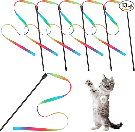 salbsever 5 PCS Cat Ribbon Toy, String Cat Toy, Interactive Colorful Teaser Wandstring with Rainbow Ribbon for Indoor Cats Exercise and Playtime