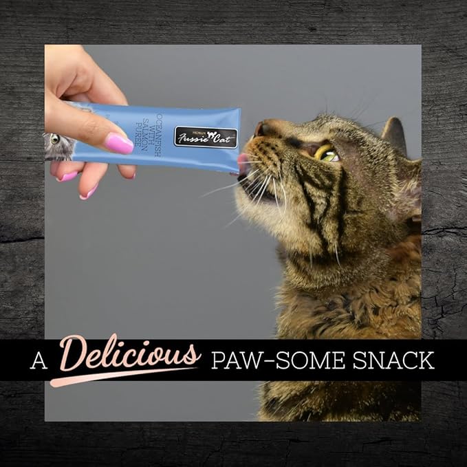 Fussie Cat Puree Grain Free Lickable Treat in 2 Flavors: 2 Tuna with Shrimp and 2 Ocean Fish with Salmon (4 Four-Tube Packs, 16 Tubes Total, 0.5 Ounce per Tube) Plus Shaynanigans Silicone Lid