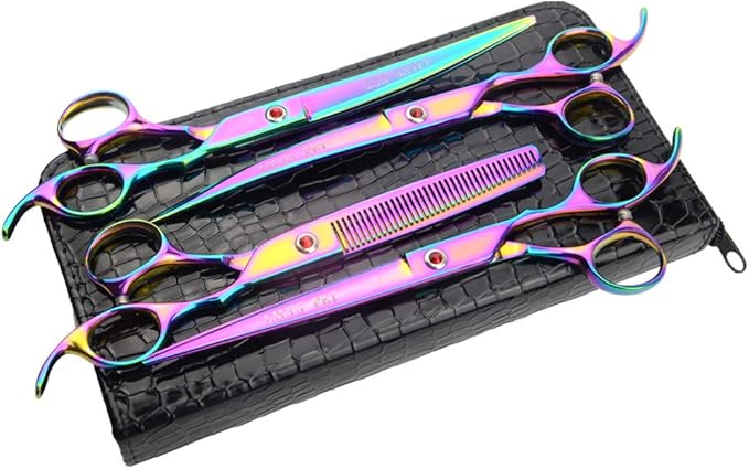 Professional PET DOG Grooming Coated Titanium scissors suit Cutting&Curved&Thinning shears (7.5 inches, Rainbow)…