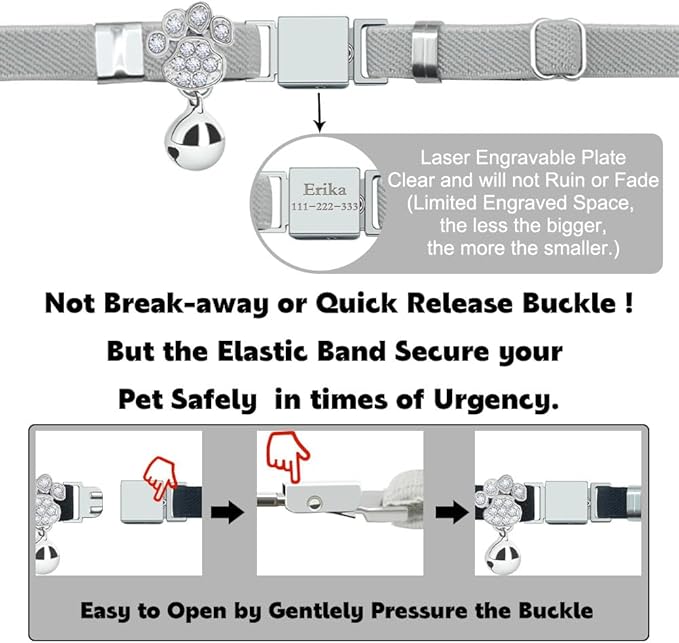 Personalized Safety Elastic Cat Collars with Bell,Laser Customized Stretch Kitten Collars for Girls Boys Cats-Grey