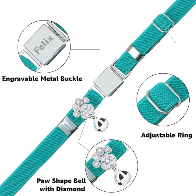 Personalized Safety Elastic Cat Collars with Bell,Laser Customized Stretch Kitten Collars for Girls Boys Cats-Cyan
