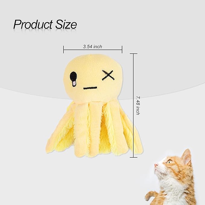 Andiker Octopus-Shaped Plush Toys with Crinkle Paper - Interactive Cat Toys for Indoor Scratching and Chewing - Kitten Gifts and Cat Lovers (Yellow)
