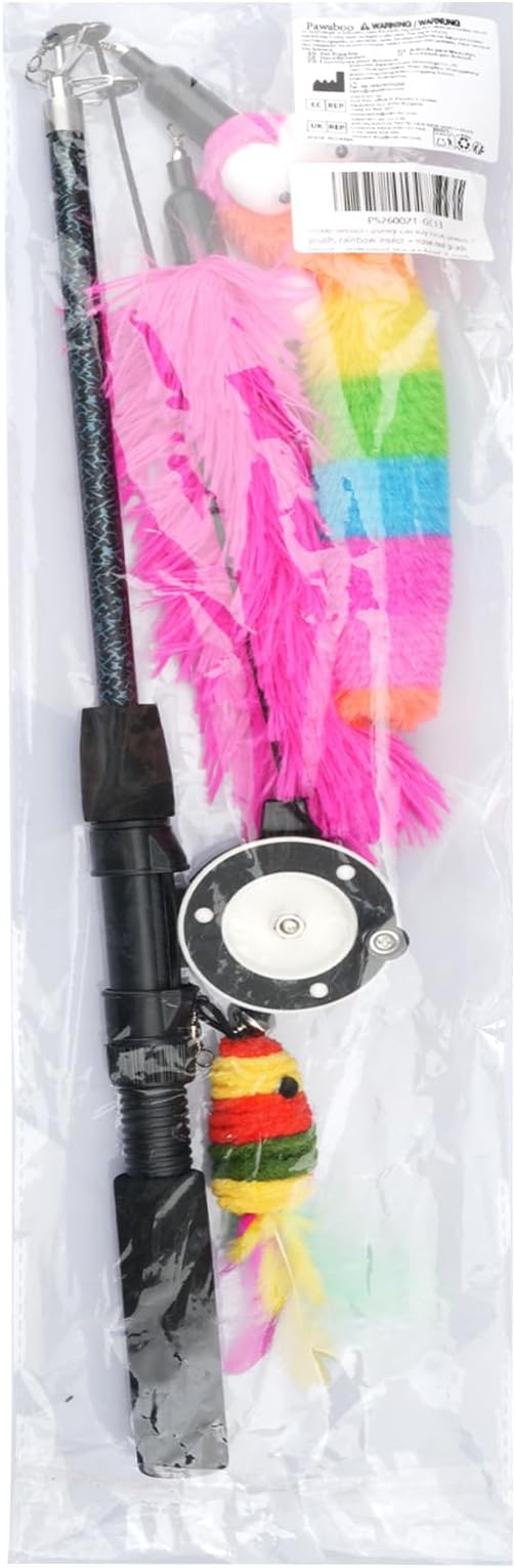 Pawaboo Cat Teaser Wand Toys, Cat Fishing Pole Toy with 3 Pack Feather Refills, 3-section Retractable Kitten Feather Toys with Pulley, Indoor Cats Teaser Catcher Exerciser with Bell,Rainbow + Rose Red