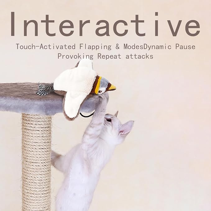 Flapping Chirping Bird Cat Toy(Non-Flying), USB Charging,Touch Activated Plush Toy,Simulates Bird Wing Flapping and Sounds, for Cats,Dogs & Small Pets (Large, SPARROW-01)