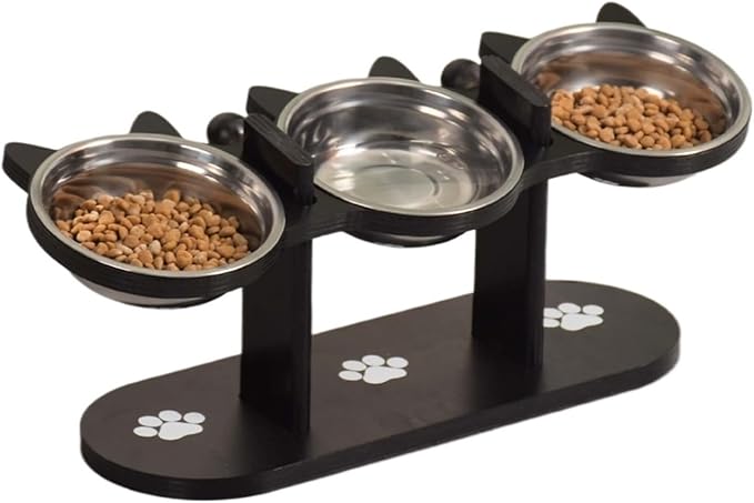 Cat Food Bowl with Wooden Support Frame & Stainless Steel Adjustable,15° Angle