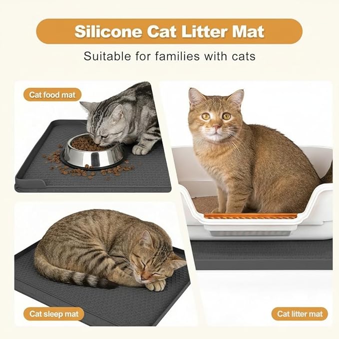 Extra Large Cat Litter Box Mat 34" x 22" – Waterproof Silicone Litter Trapper, Non-Slip, Easy to Clean Floor Protector, Soft on Kitty Paws(Dark Gray)