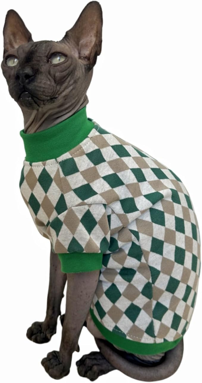 Vintage Mulan Cotton Sphynx Hairless Cats Shirt Cat Turtleneck Pet Clothes Kitten T-Shirts with Sleeves for Sphynx Cornish Rex, Devon Rex, Peterbald (Rhombus Green, Small)