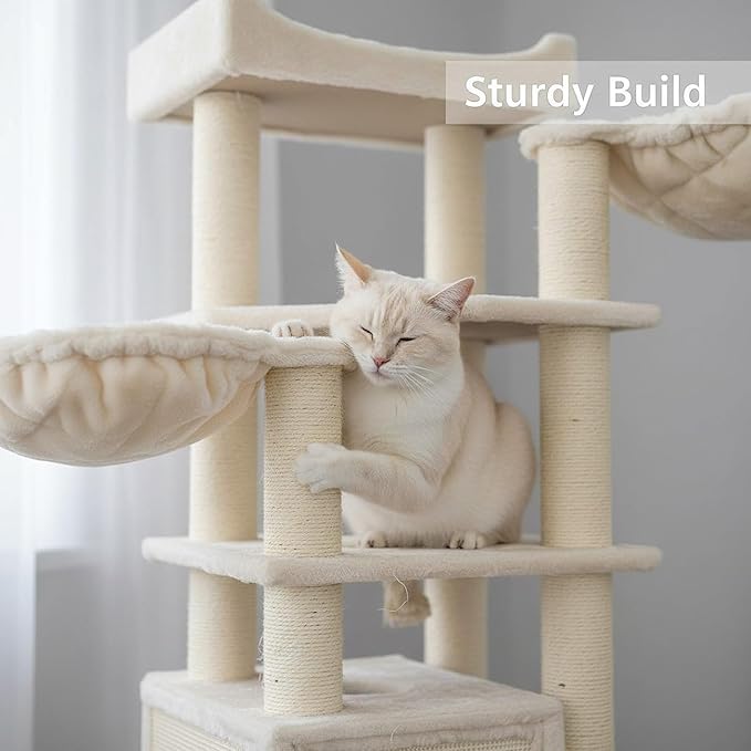 CozyCatFurniture Cat Tree for Maine Coon Cats with Big Perch on Top, Luxury 69in Cat Condo King with Two Large Hammocks, XXL Heavy Duty Cat Tower