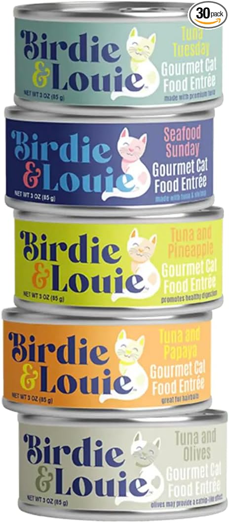 Birdie & Louie Wet Cat Food Variety Pack of Tuna Flavors | 6 Cans of 5 Different Tuna Flavors | All Natural Ingredients, Grain Free | 3 Oz Cans, Bulk Case of 30 Cans