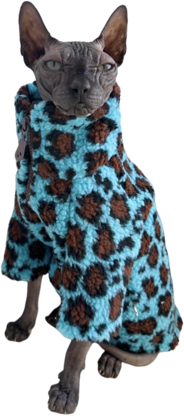Turtleneck Sphynx Cat Winter Clothes, Double-Sided Fleece Jacket with Zipper, Sweater for Sphynx Cat Winter Warm Outfit Coat for Hairless Cats and Small Dogs Apparel with Sleeves (Leopard, Large)