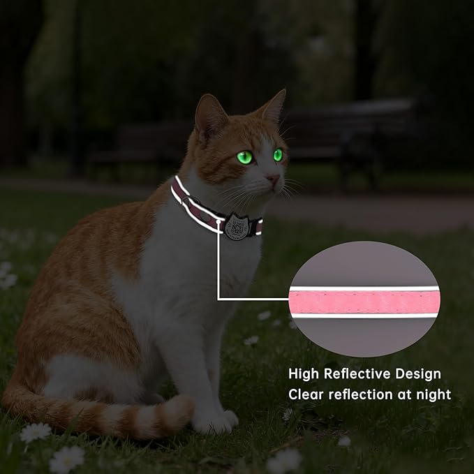 Cat Collar with Bells Reflective Cat Collars Breakaway with Oxford Cloth Soft Padding Adjustable Kitten Collar with QR Code（Pink）