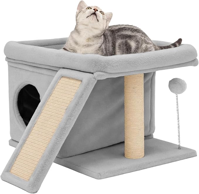 Cat Tree, Compact Cat Tree for Small Spaces, Heavy Duty Cat Tower for Large Cats,Small Cat Tower with Cat Scratching Post & Bed, Cat Condo Climbing Furniture for Indoor Cats (Light Grey)