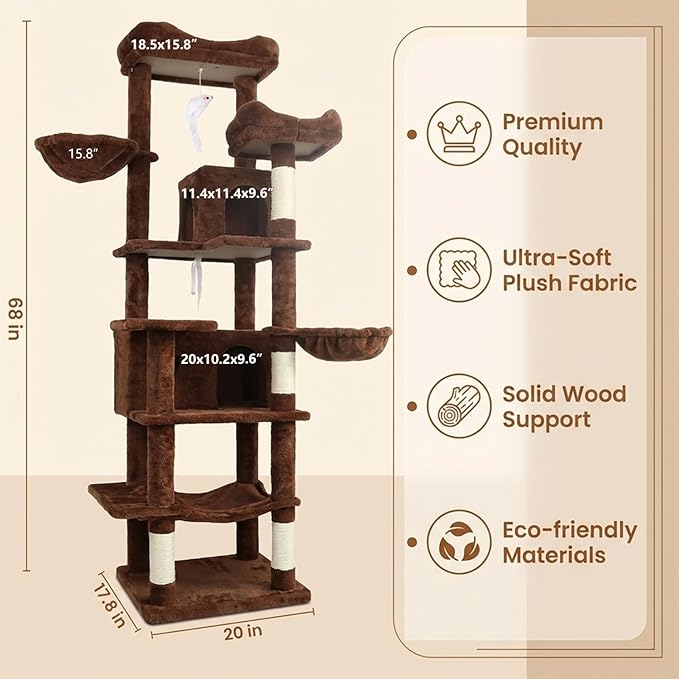 68" Cute Cat Tree for Indoor Cats Large Adult, Tall Cat Tower with Scratching Post & Condo, Hammock, Aesthetic Cats Stand, Modern, Easy Assembly (Brown, 68" Tall)