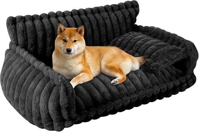 Plush Pet Couch, Soft Cat Bed with Bolster, Comfortable Pet Sofa for Indoor Lounging, Washable Cover, Large Size, Perfect for Medium to Large Breeds (Dark Grey)