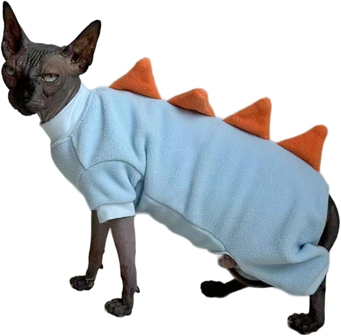 Four Leg Dinosaur Sphynx Cat Clothes Pjamas Hairless Cat Warm Polar Fleece Jumpsuit Elastic Pet Clothes for Sphynx Cat Surgery Recovery Suit Hairless Cat Shirt for Devon, Cornish (SkyBlue, Small)