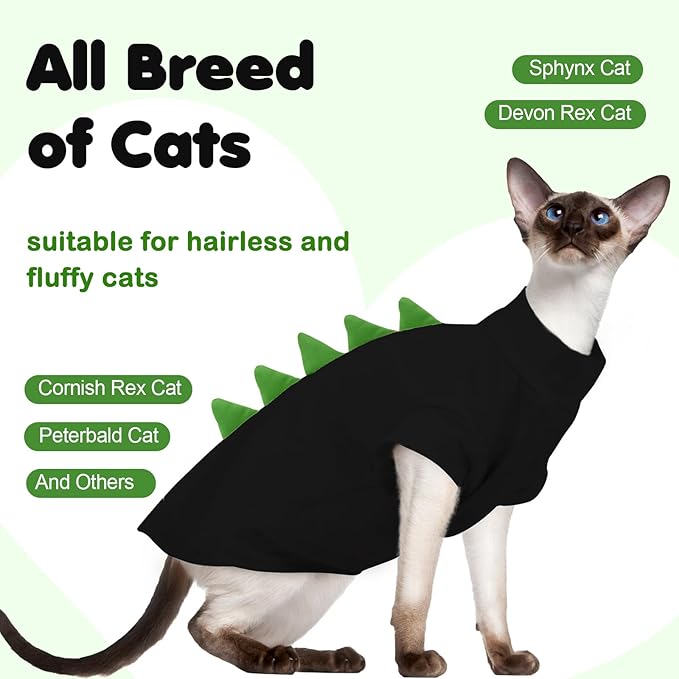 DENTRUN Sphynx Cat Clothes, Cute Dinosaur Design Hairless Cat Costume, Breathable Cotton Shirts Cat Clothes for Cats Only, Round Collar Kitten Daily T-Shirts with Sleeves, Cats Funny Cosplay Apparel