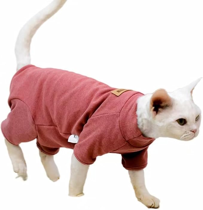 Sphynx Cat Sweater –Hairless Cats Shirt Pullover Kitten T-Shirts with Belly-Wrap Protection, Soft-Stretch Winter Clothes for Hairless Cats, Indoor Kitten Apparel (Red, XS)