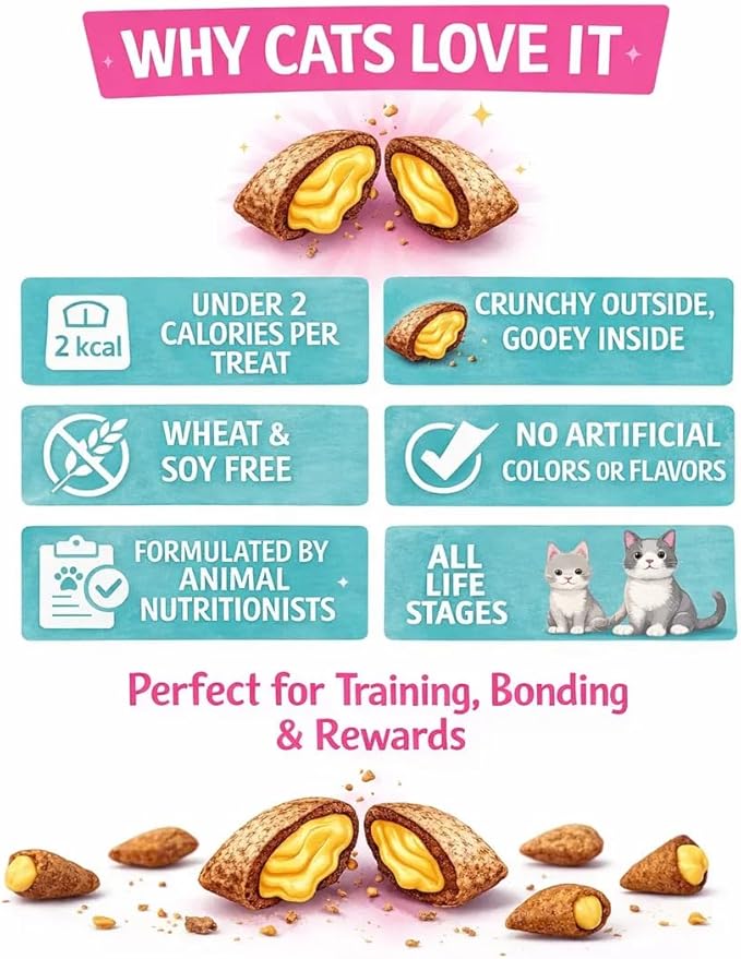 Calming Cat Treats for Indoor Cats – Crunchy Soft Pillow Bites with Gooey Center – Seafood Low Calorie Kitty Treats – Cat Snacks Food Topper Training Reward Wheat Soy Free Healthy Dental – 9oz