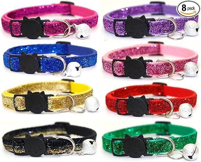 8 Pcs Quick Release Cat Collars Glitter Cat Collars with Bell Adjustable Mixed Colors Soft Velvet Collar Set Breakaway Cat Collar with Bell