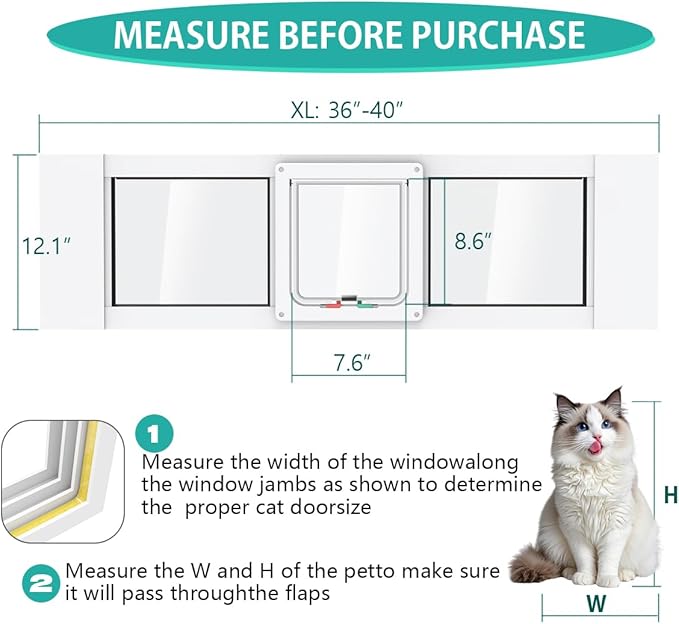 Aluminum Cat Door for Windows - Adjustable to Fit Window Width 36"-40", Quick-Fit Cat Door Window Insert, Magnetic Suction Design, Perfect for Cats